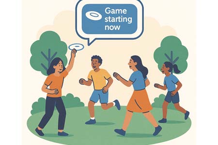 Group plays frisbee after chat