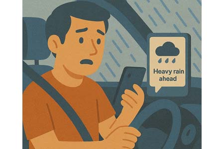 Driver checks heavy rain message