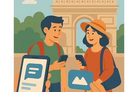 Tourists check local chat at a landmark
