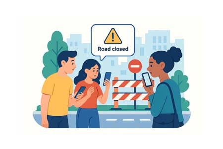 Drivers reading local alert at a roadblock
